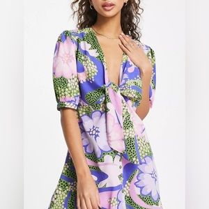 ASOS DESIGN tie front button up mini dress in floral print - NWT - Size US 4